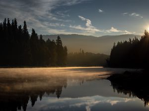 Превью обои лес, деревья, озеро, закат, свет, пейзаж, природа