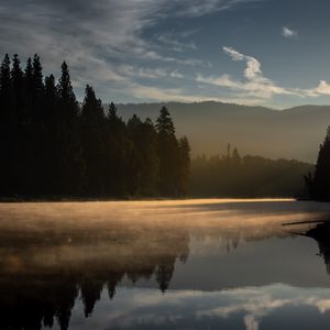 Превью обои лес, деревья, озеро, закат, свет, пейзаж, природа