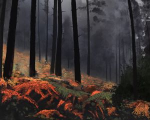 Превью обои лес, деревья, папоротник, пейзаж, природа, арт