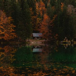 Превью обои лес, домик, осень, озеро, италия