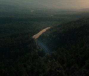 Превью обои лес, дорога, вид сверху, деревья, высота