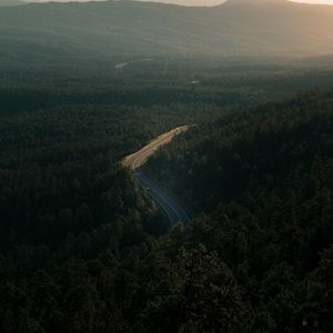 Превью обои лес, дорога, вид сверху, деревья, высота