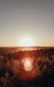 Превью обои лес, горизонт, рассвет, туман, солнце, блики, вид сверху