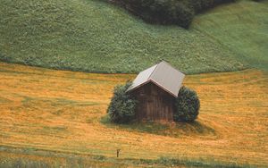 Превью обои лес, горы, дом, пейзаж