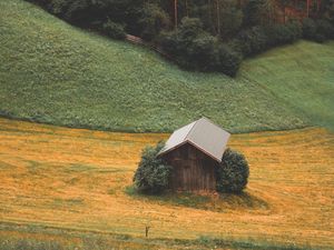 Превью обои лес, горы, дом, пейзаж