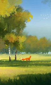 Превью обои лес, лиса, арт, поляна, деревья