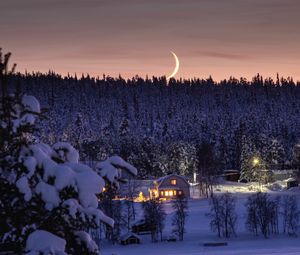 Превью обои лес, луна, домик, ночь, снег, зима