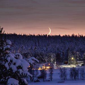 Превью обои лес, луна, домик, ночь, снег, зима