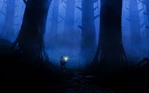 Превью обои лес, одиночество, арт, фонарь, деревья, туман