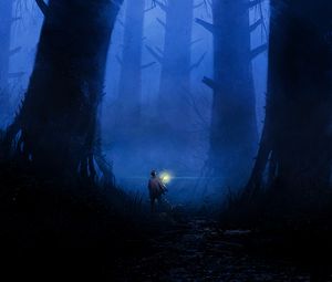 Превью обои лес, одиночество, арт, фонарь, деревья, туман