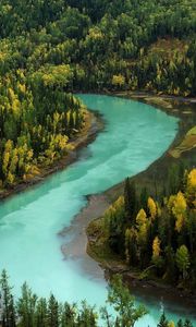 Превью обои лес, осень, река, изгибы, голубая вода, горы