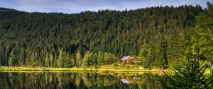 Превью обои лес, озеро, дом, отражение, природа