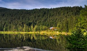 Превью обои лес, озеро, дом, отражение, природа