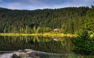 Превью обои лес, озеро, дом, отражение, природа