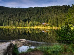Превью обои лес, озеро, дом, отражение, природа