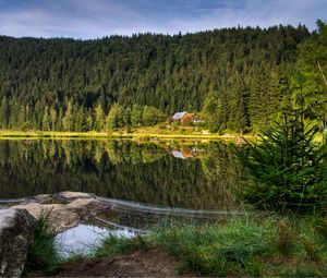 Превью обои лес, озеро, дом, отражение, природа