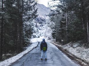 Превью обои лес, прогулка, одиночество, зима, дорога