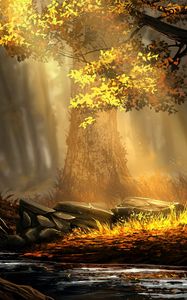 Превью обои лес, река, деревья, солнечный свет, арт, природа