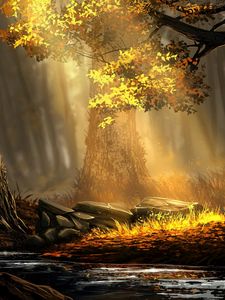 Превью обои лес, река, деревья, солнечный свет, арт, природа