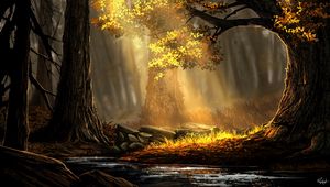 Превью обои лес, река, деревья, солнечный свет, арт, природа