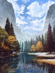 Превью обои лес, река, краски, масляные краски