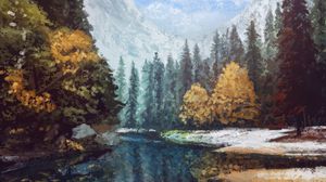 Превью обои лес, река, краски, масляные краски