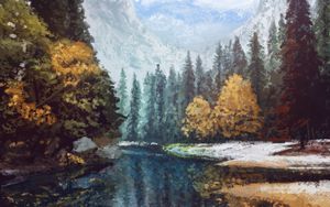 Превью обои лес, река, краски, масляные краски