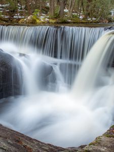 Превью обои лес, река, водопад, камни