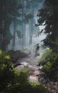 Превью обои лес, силуэт, девушка, холст, арт