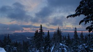 Превью обои лес, снег, деревья, зима, горы, небо, природа