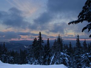 Превью обои лес, снег, деревья, зима, горы, небо, природа