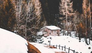 Превью обои лес, туман, дом, снег