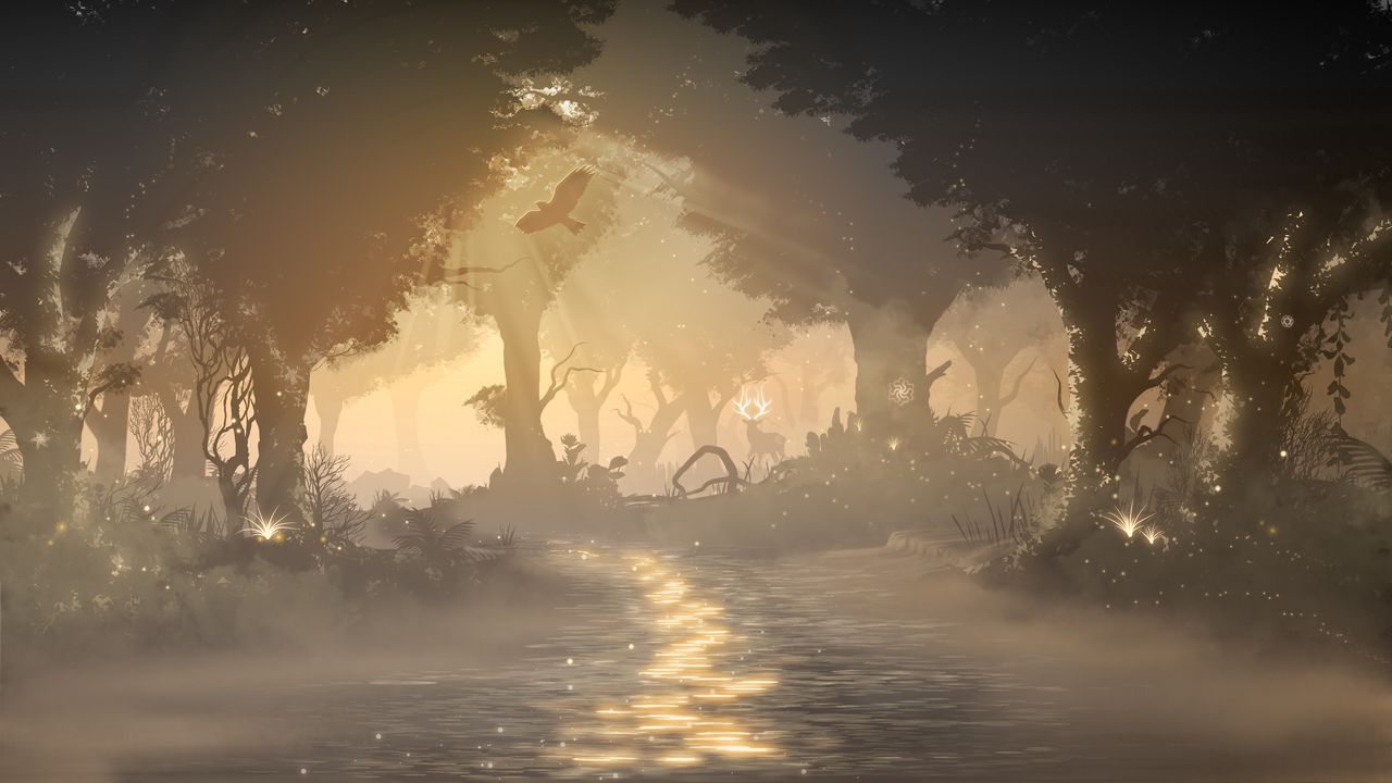 Обои лес, туман, свет, звери, дикая природа, арт