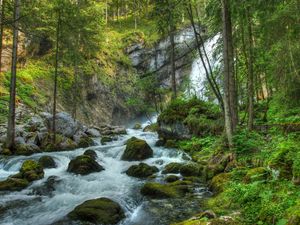 Превью обои лес, водопад, река, камни, пейзаж