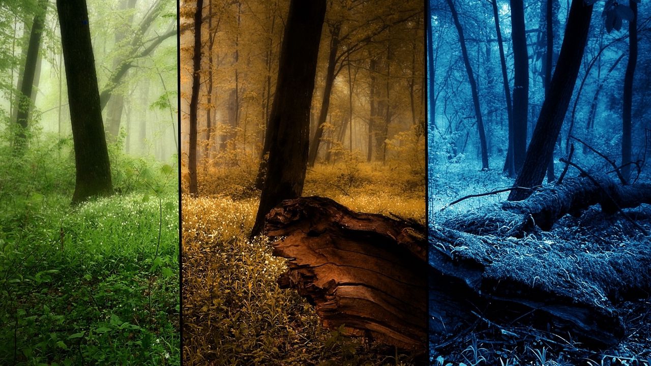 Обои лес, времена года, снимки, деревья, лето, осень, зима