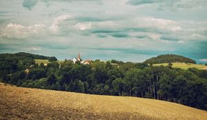 Превью обои лес, здания, небо, природа