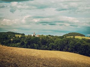 Превью обои лес, здания, небо, природа