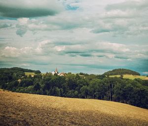 Превью обои лес, здания, небо, природа