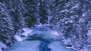 Превью обои лес, зима, река, снег, лед, деревья
