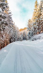 Превью обои лес, зима, снег, дорога, небо, природа, зимний пейзаж