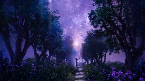 Превью обои лес, звездное небо, арт, фиолетовый, сказочный