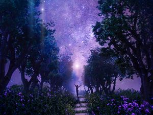 Превью обои лес, звездное небо, арт, фиолетовый, сказочный