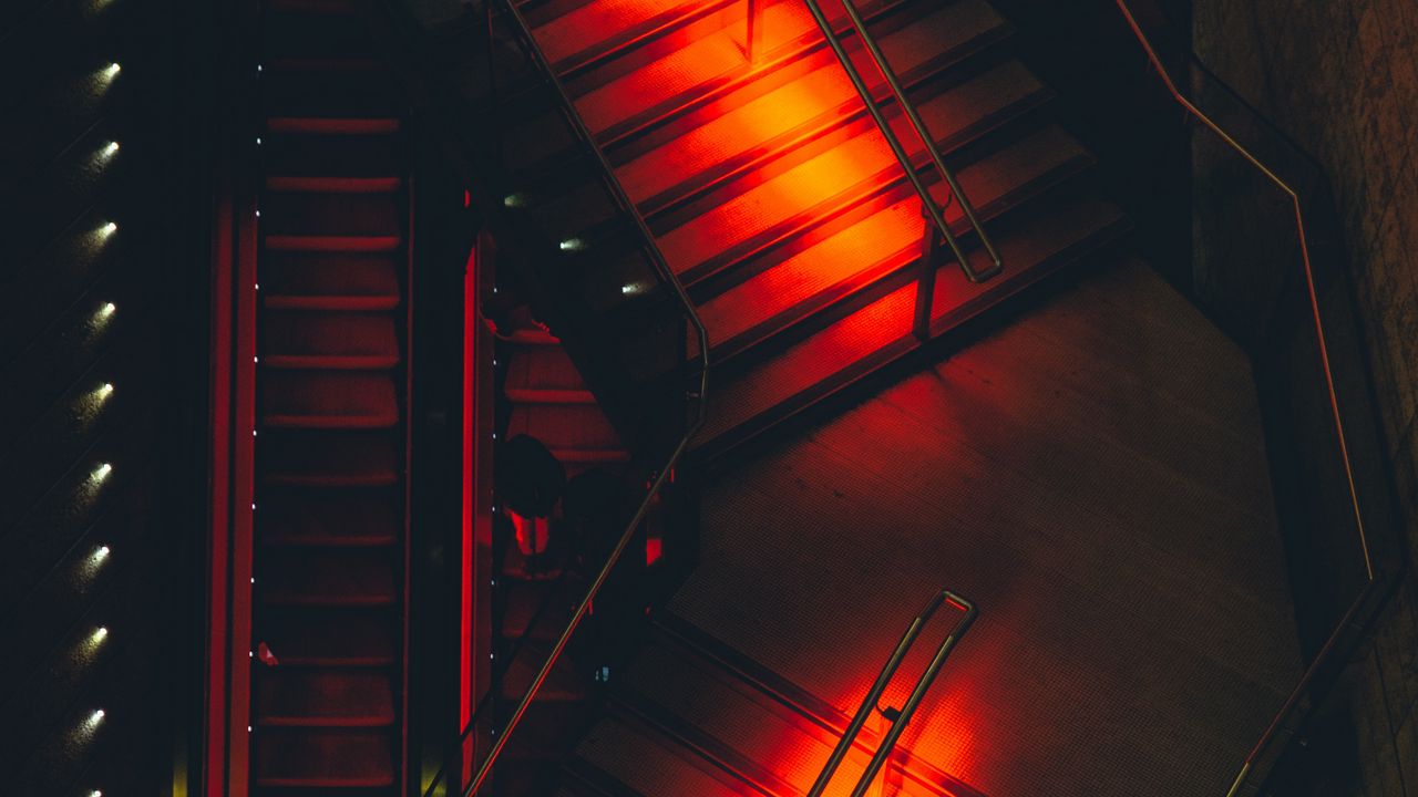 Обои лестница, подсветка, красный, конструкция