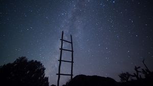 Превью обои лестница, звездное небо, деревья, минимализм, ночь