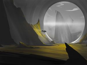 Превью обои летающий корабль, портал, фантастика, арт