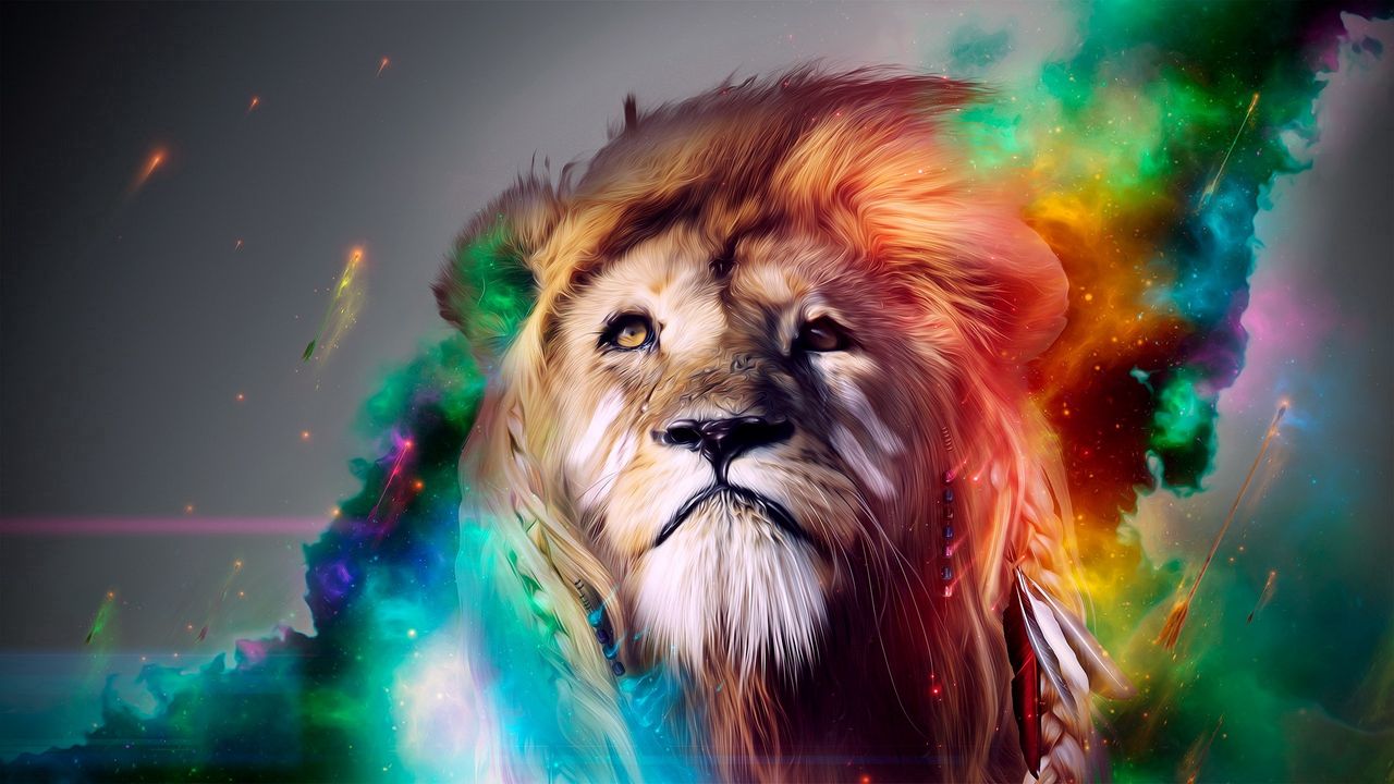 Обои лев, большая кошка, морда, дым, разноцветный
