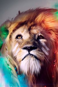 Превью обои лев, большая кошка, морда, дым, разноцветный