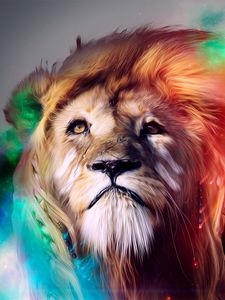 Превью обои лев, большая кошка, морда, дым, разноцветный