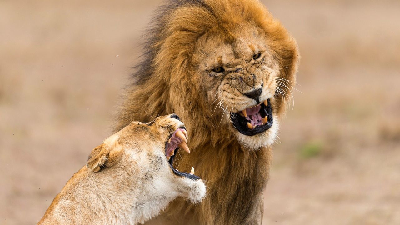Обои лев, львица, агрессия, оскал