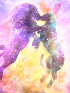 Превью обои лев, львица, поцелуй, силуэты, космос, звездное небо